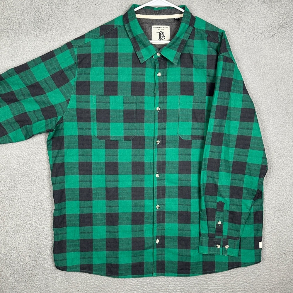 Branded Bills Shirt Mens 3XL Buffalo Plaid Green Black Button Down Double Pocket